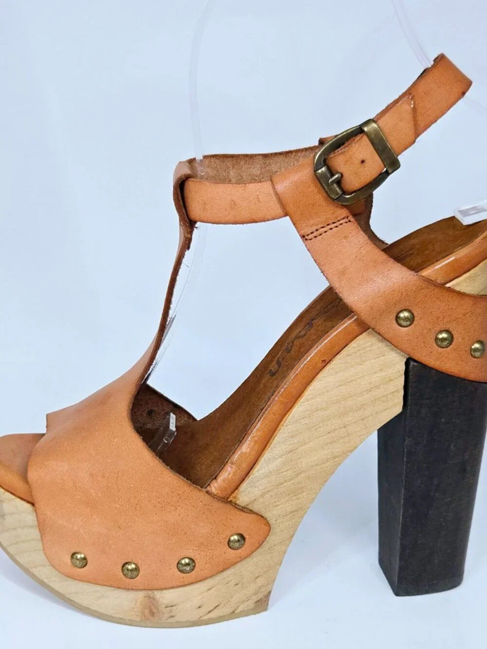 Y2K Sixtyseven Unreleased Sample Tan Leather Studded Platform T Strap Heels 37